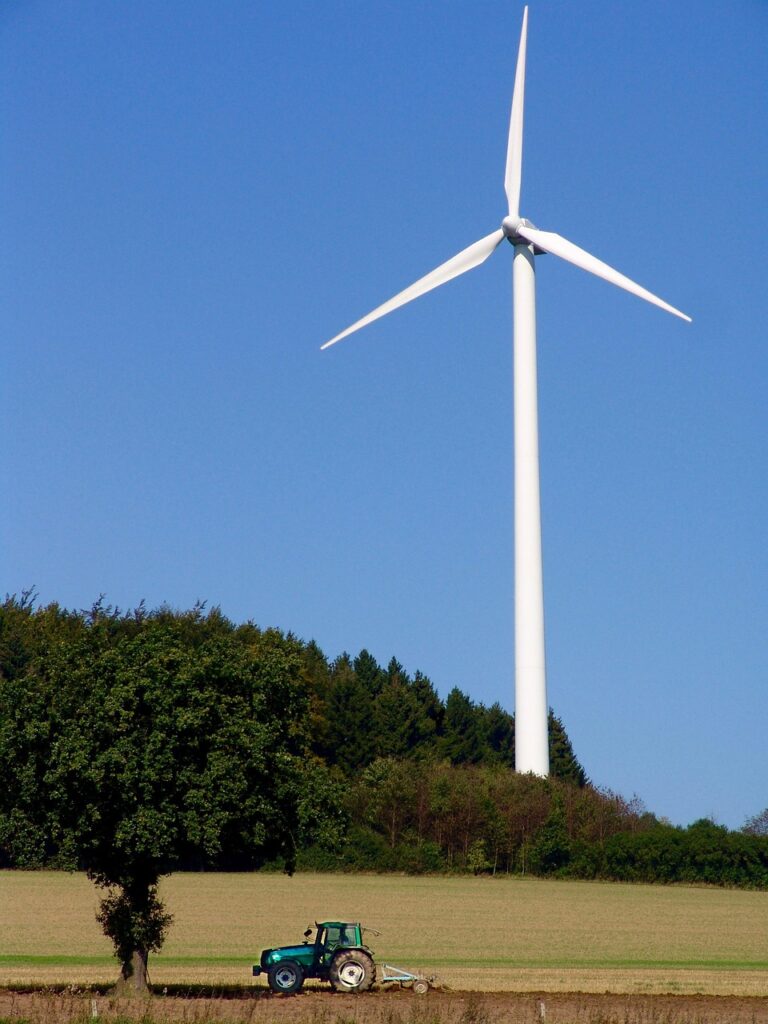 tractor, energy transition, windmill, wind energy, wind turbine, pinwheels, wind power, renewable energy, field, field work